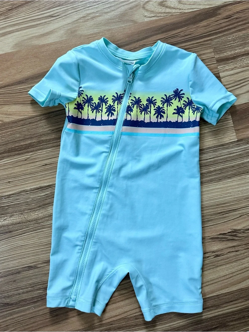 OshKosh B'gosh Light Blue Palm-Print Zip Short-Sleeve Swim Rashguard 18 months